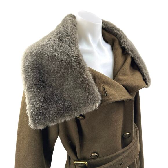 Vince Camuto Olive Green Wool Faux Fur Collar Long Sleeve Trench Coat Jacket L - Picture 3 of 5